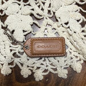 2" VINTAGE COACH Saddle Brown Leather Nickel Key Fob Bag Charm Keychain Hang Tag